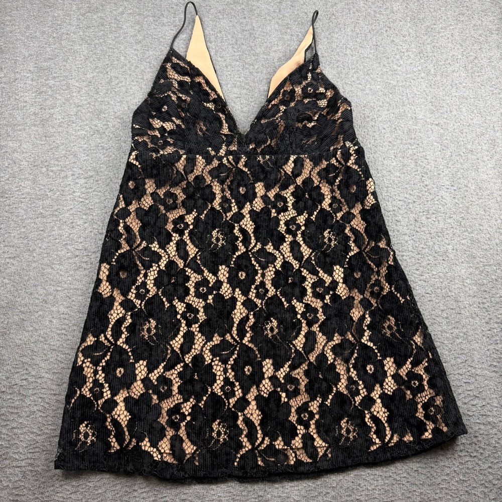 Free People Night Shimmer Lace Mini Dress‎ Black Nude V-Neck OB1085702 Size 6
